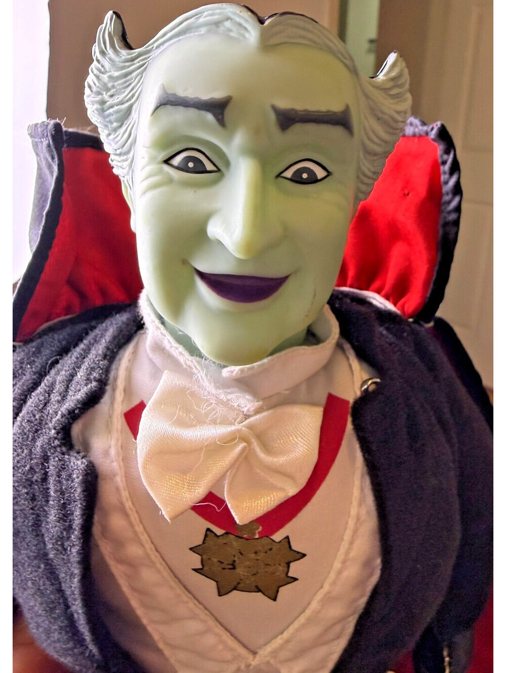 Vintage 1990s Grandpa Munster Plush Doll Vinyl Head Cape Vampire 17 Inch